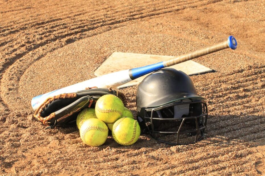 Close-up of baseball and softball gear on a dirt field, ready for a game.